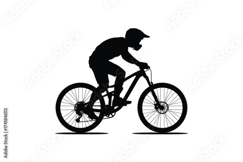 Black silhouette of a mountain biker in motion bicycle white