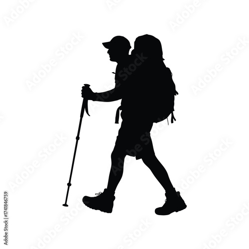 Black silhouette of a person hiking with a backpack and trekking pole hiker