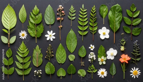 A vibrant collection of various green leaves and flowers arranged on a dark background.