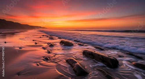Dramatic Sunset Over a Rocky Beach with Orange and Pink Skies and Gentle Waves