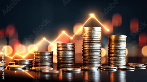 Stacked coins with a rising graph overlay, symbolizing financial growth against a blurred city background