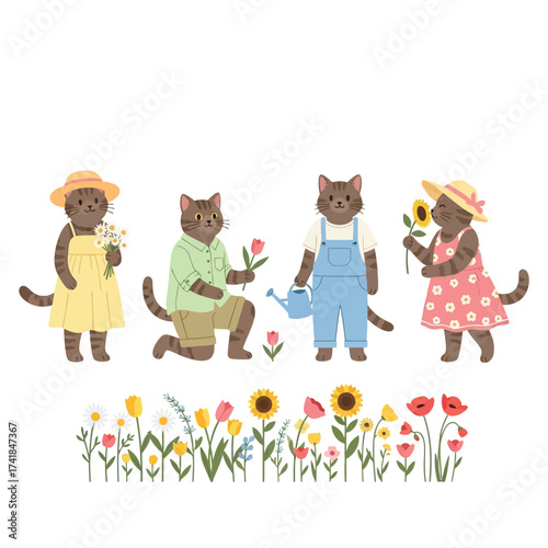 Four anthropomorphic cats in garden attire pose with flowers, a watering can, and a floral border.