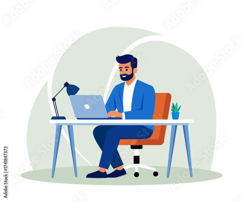 Businessman sitting at a desk with a laptop in an office, a cartoon illustration of a person working