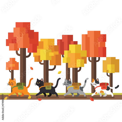 Four pixel art cats with backpacks walking through an autumn forest with colorful trees and falling leaves, depicting a charming adventure.