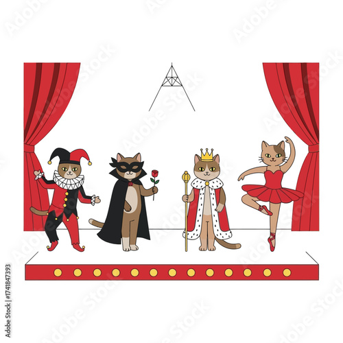 Four cartoon cats dressed in theatrical costumes performing on a stage with red curtains, depicting a jester, a masked character, a king, and a ballerina.
