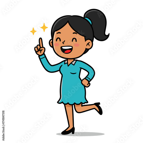 Smiling woman in teal dress raising finger with sparkles, standing on one leg, cheerful pose.