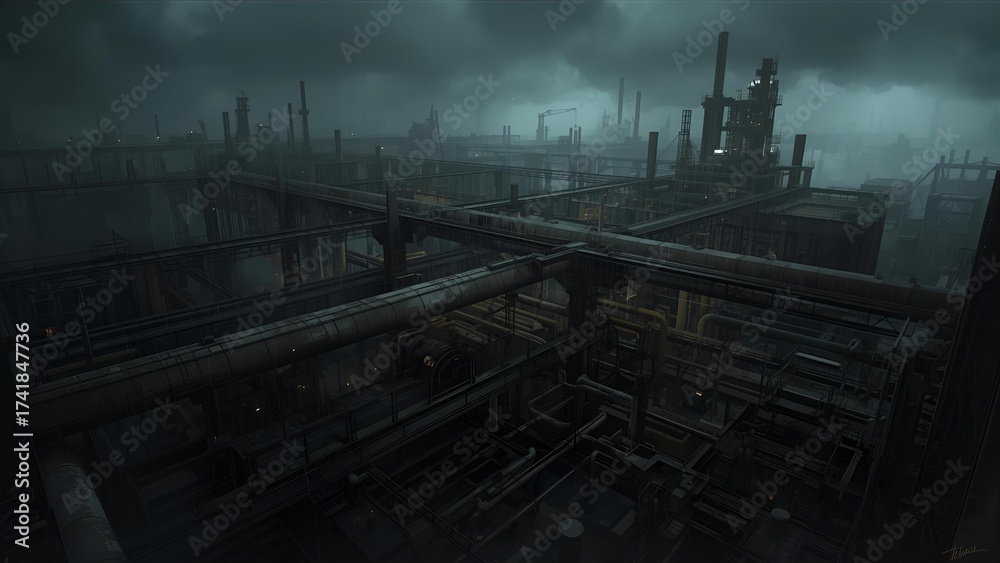 Fototapeta premium Complex industrial maze under a brooding sky