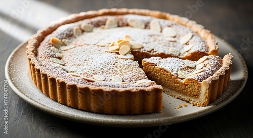 Delicious Almond Tart with Powdered Sugar and Sliced Almonds.