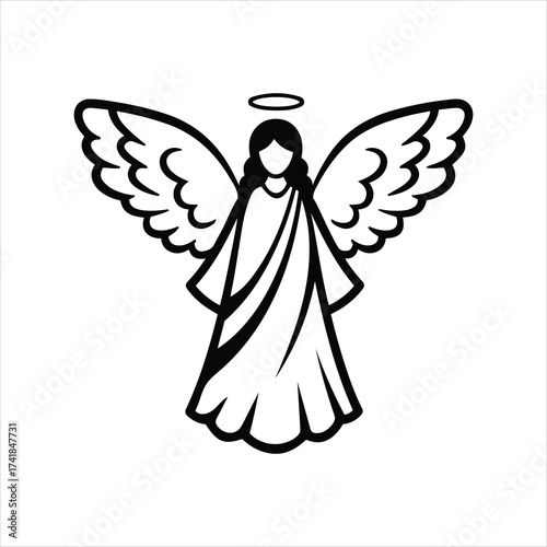 Simple line art angel figure with wings and halo for spiritual or religious designs