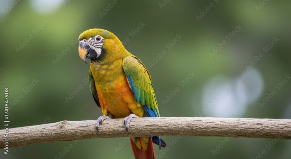 Naklejka premium Vibrant Harlequin Macaw Parrot Perched on a Branch in a Lush Green Natural Setting with Blurred Background