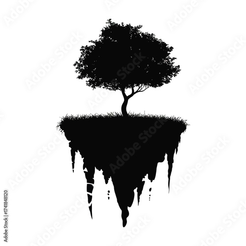 Black silhouette of a solitary tree on a floating island grass