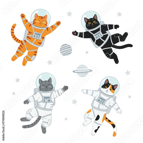 Four adorable cats dressed as astronauts floating playfully in outer space with stars and planets, a charming and whimsical illustration.