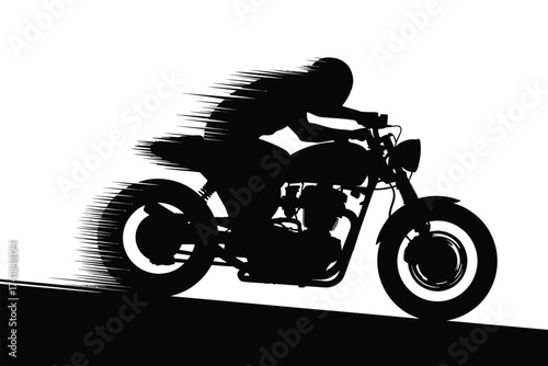 Black silhouette of a speeding motorcycle rider white