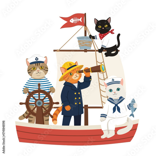 Cartoon illustration of several cats dressed as sailors on a small sailboat, sailing.