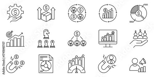 Vector set of business growth and financial strategy icons in outline style including profit increase investment planning chart analysis return on investment market strategy financial report target