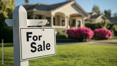 Home for Sale: A charming house with a For Sale sign proudly displayed in front of lush green yard, showcasing a real estate opportunity and suburban dream. 