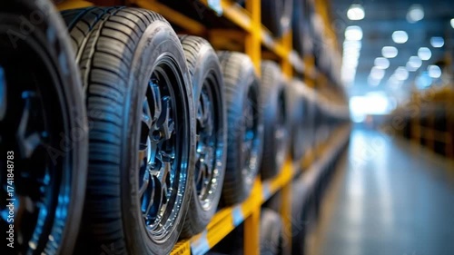 Tires on Display: A dynamic image showcasing rows of new tires neatly arranged on industrial shelving. The tires, with their intricate tread patterns, are ready to hit the open road.