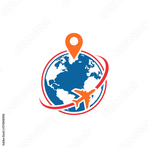 A stylized logo depicting a globe with a plane circling it, and a location marker.