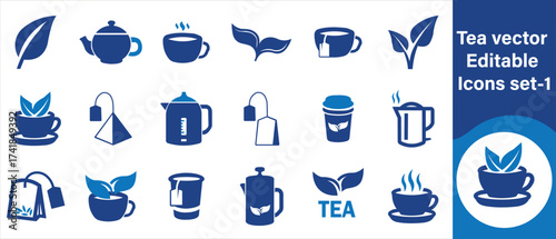 Tea vector editable icon set, tea, tea cup, teapot, tea bag, green tea, black tea, herbal tea, , tea, bubble tea, iced tea, hot tea, tea leaves, tea garden, tea kettle, tea ceremony and more