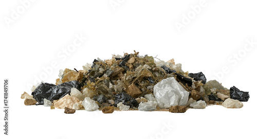 Heap of mixed waste materials on a white backdrop