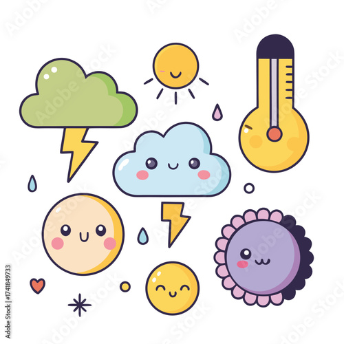 Cute kawaii weather icons with smiling faces and lightning climate