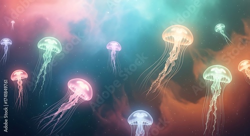 Dreamy Colorful Jellyfish Floating in a Cosmic Nebula Underwater Fantasy Scene