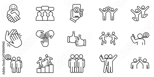 Vector set of friendship and unity icons in outline style including handshake group hug celebration teamwork high five clapping thumbs up partnership support collaboration success and community
