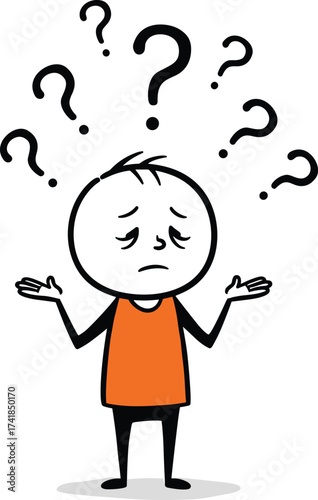Confused stick figure character shrugging with question marks, cartoon style illustration for decision making, problem solving, uncertainty, learning concepts