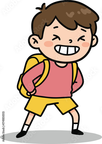 Confident smiling school child with backpack, standing proudly in red shirt and yellow shorts, cartoon vector for education and kids