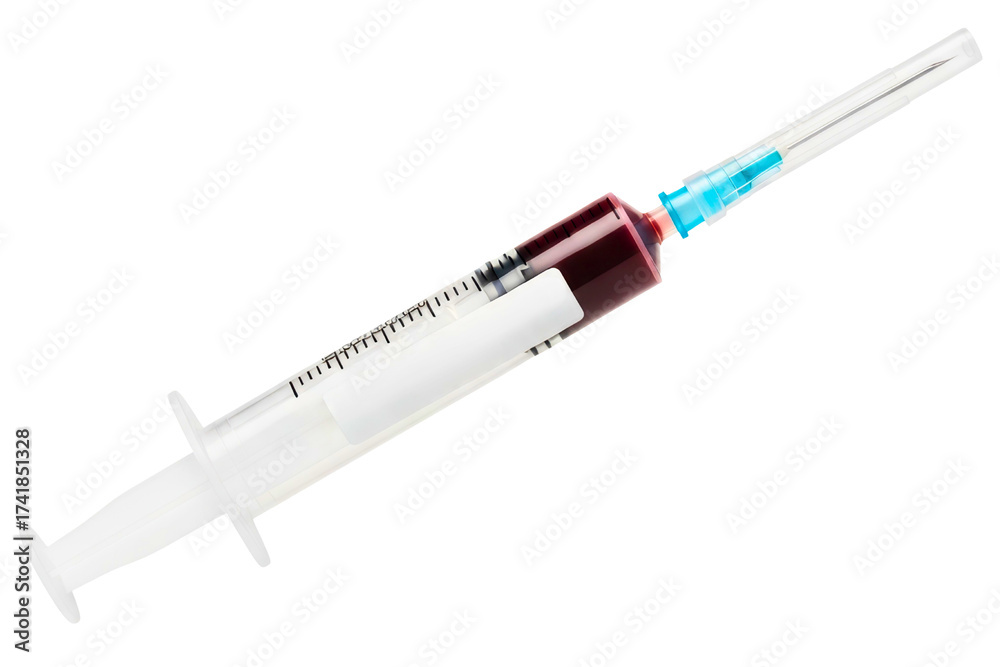 Fototapeta premium Medical syringe with a blood sample for analysis on a transparent background