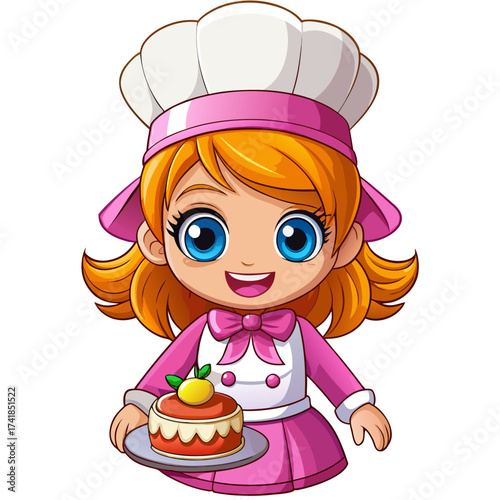 Vector illustration a single cute little girl chef happily baking a birthday cake, isolated on white background, expressing joy, creativity, and childhood fun