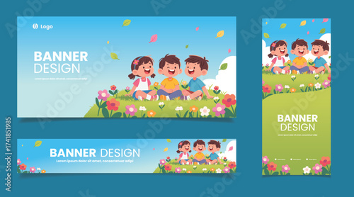 background of children playing illustration banner template design