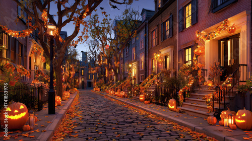 Fototapeta Naklejka Na Ścianę i Meble -  A city street decorated for Halloween with glowing pumpkins, friendly ghosts, and festive garlands adorning the houses