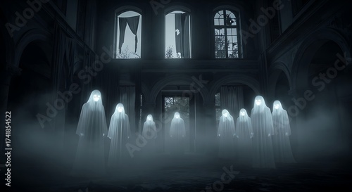 Eerie group of glowing ghosts haunting a dilapidated abandoned mansion at night