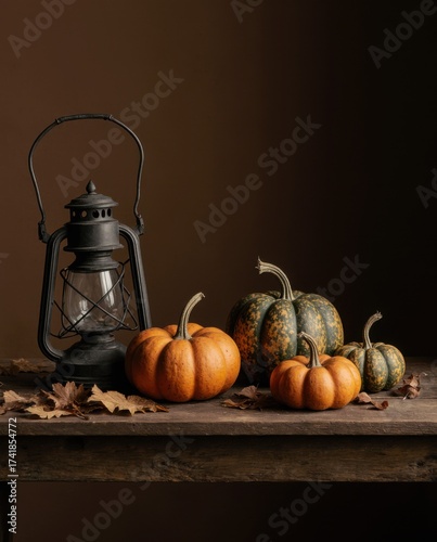Still life with pumpkins and autumn details - a cozy scene in the spirit of the autumn holidays.
