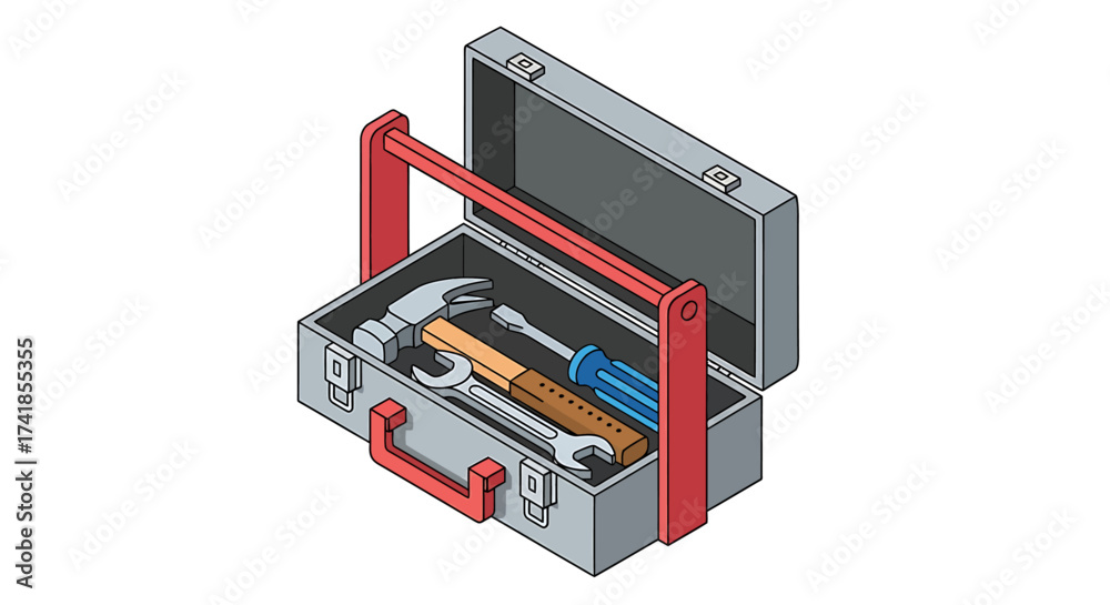 Fototapeta premium Isometric illustration of an open grey toolbox with red handles containing a hammer, screwdriver, and wrench, ready for repairs.
