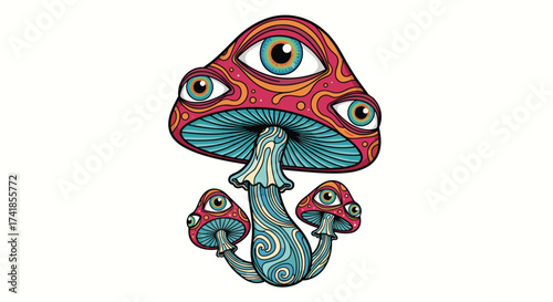 Psychedelic mushroom with multiple eyes staring out in different directions.