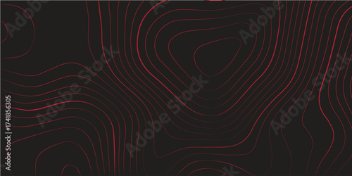 Panoramic ultra wide abstract topographic map red contour lines black background terrain path mapping modern cartography vector artwork
