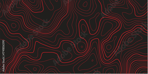Detailed ultra wide panoramic topographic map contour red lines black background terrain path mapping modern cartography vector illustration
