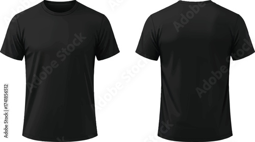 The image showcases a front and back view of a plain black t-shirt against a white background.