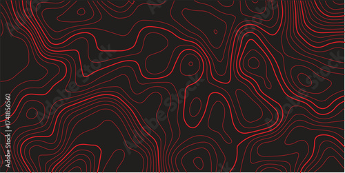 Abstract topographic map contour lines red black background panoramic terrain path mapping modern cartography vector illustration
