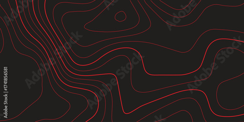 Abstract topographic map contour lines red black background panoramic terrain path mapping modern cartography vector illustration
