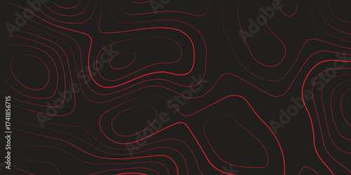 Red contour line abstract topographic map black background panoramic terrain path mapping modern cartography vector illustration
