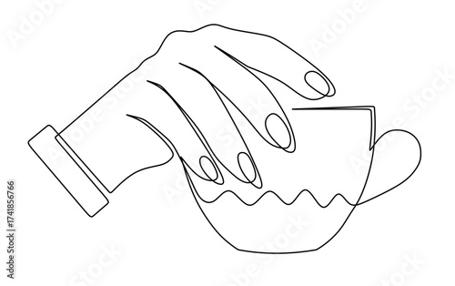 Continuous line art of a hand holding a cup of coffee or tea. This icon is for a cafe sticker or banner.
