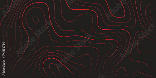 Red contour line abstract topographic map black background panoramic terrain path mapping modern cartography vector illustration
