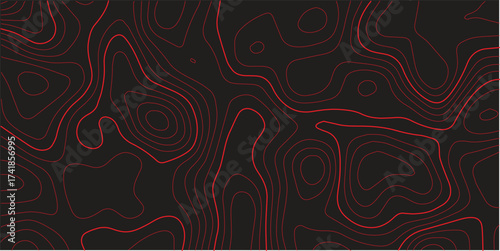 Modern abstract topographic map contour lines red black background panoramic terrain path mapping cartography vector illustration
