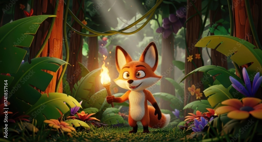 Fototapeta premium Cartoon fox illuminated by a torch in a lush tropical rainforest adventure illustration