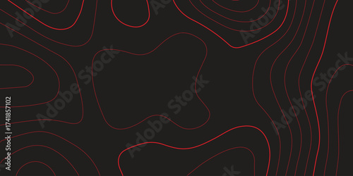 Detailed panoramic topographic map contour red lines black background terrain path mapping modern cartography vector design
