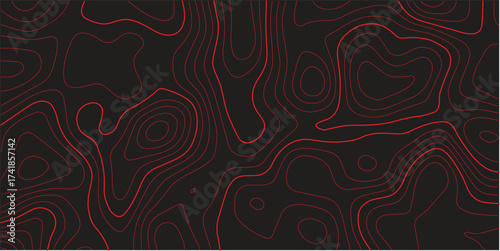Detailed panoramic topographic map contour red lines black background terrain path mapping modern cartography vector design
