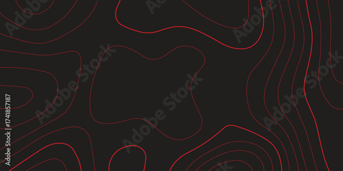 Ultra wide panoramic abstract topographic map illustration red contour lines black background terrain path mapping cartography vector artwork
